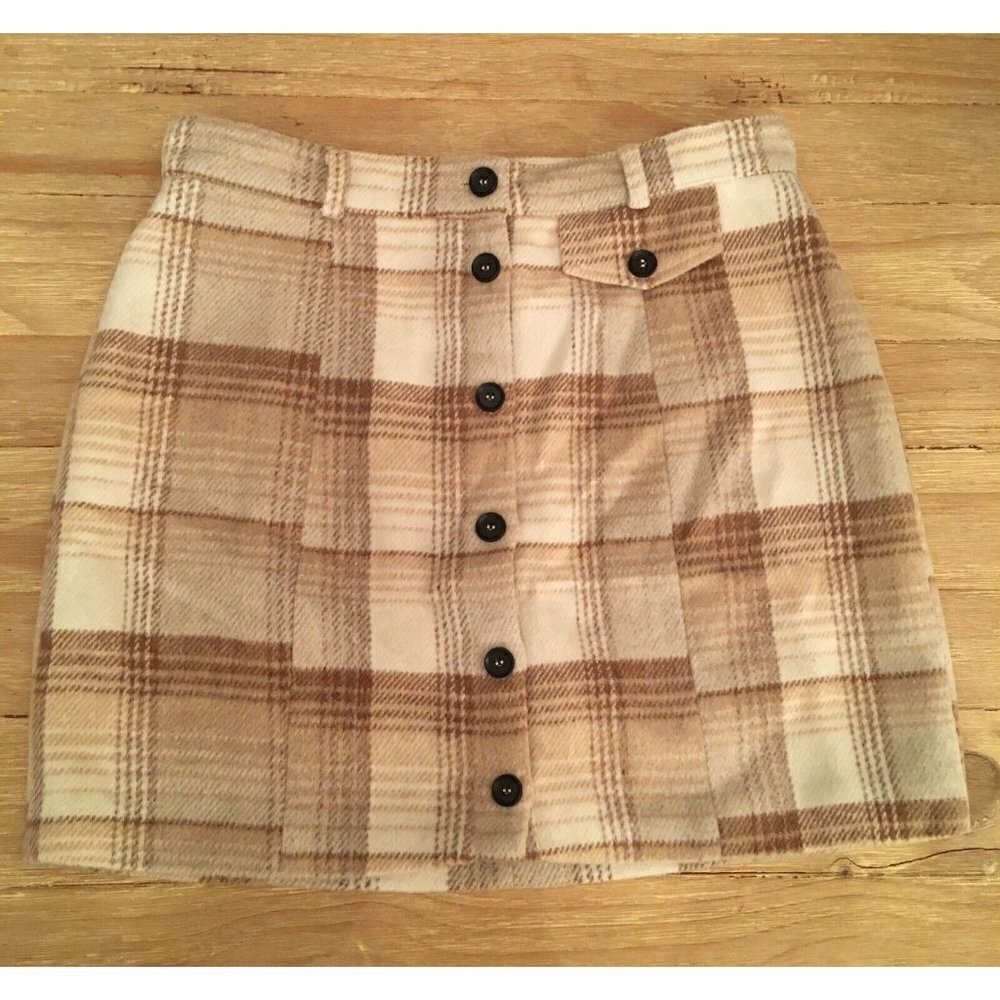 Emory Park Womens Ivory Tan Plaid Mini Skirt Button Front Classic Size L NEW